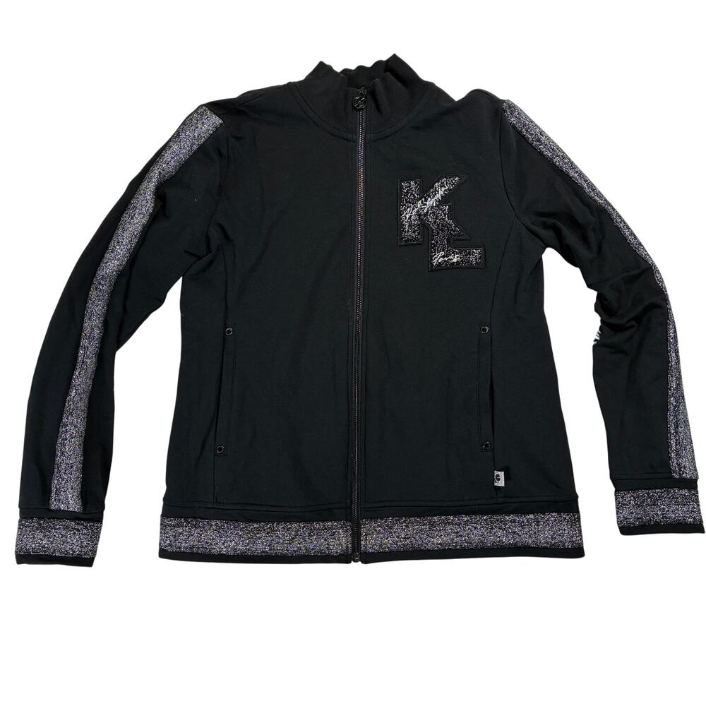 Karl Lagerfeld Paris Jacket Womens Small Black Metallic-Trim Logo Zip Up Terry